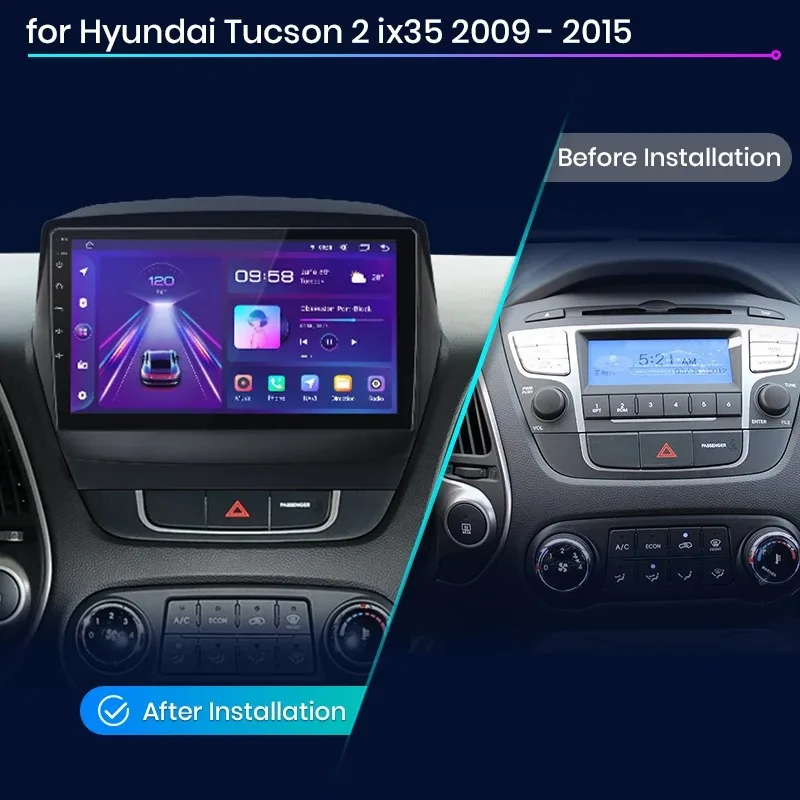 Radio para coche Junsun con CarPlay inalámbrico y Android Auto para Hyundai Tucson 2 ix35 2009-2015, estéreo multimedia 2 DIN con ventilador de refrigeración integrado, navegación GPS, SWC, Bluetooth, FM, RDS, DSP, pantalla IPS, sistemas inteligentes para coche, 4G, WiFi, 8 núcleos, Plug&Play, unidad principal 2