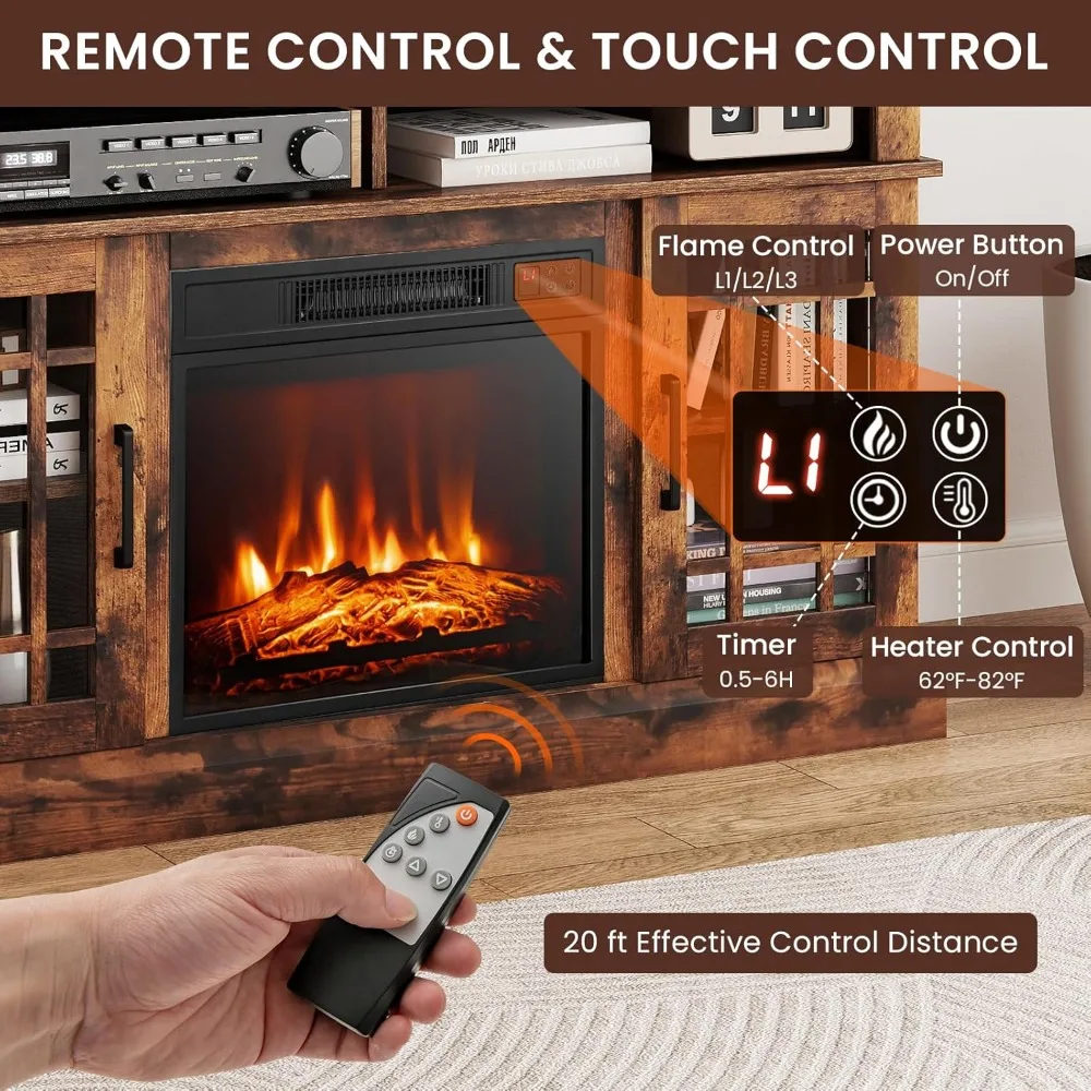 

Fireplace TV Stand for 55 TV, 48 Inch Stand with 18 Inch Electric Fireplace Heater, Mondern Console with Cabinets and Door