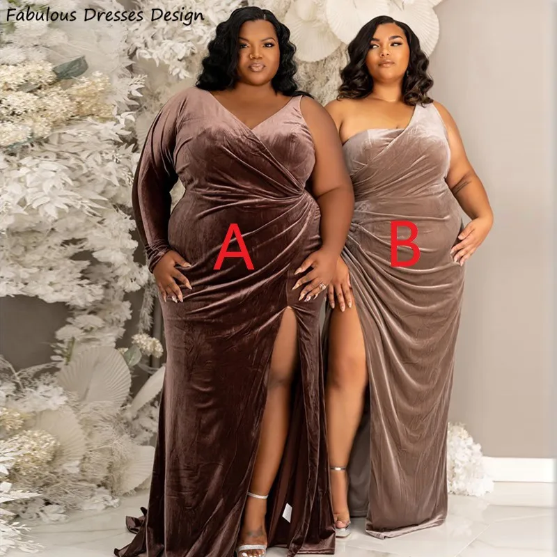 

Plus Size Velvet Long Mermaid Bridesmaid Dresses With Slit Long Sleeve Pleat V-neck Wedding Party Dress Prom Gown