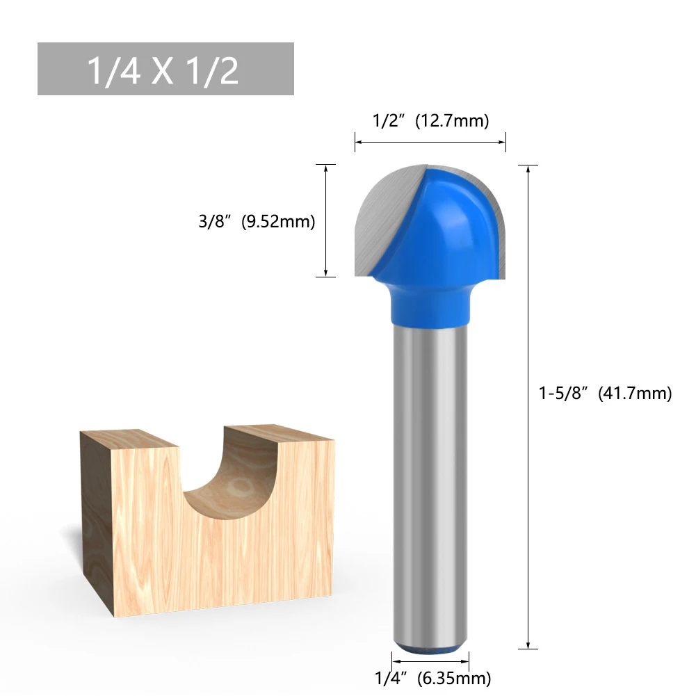 Power Tool Router Bit 6.35mm Shank Carbide Double Fluted Woodworking Core Box Router Bit Round Bottom Router Bits