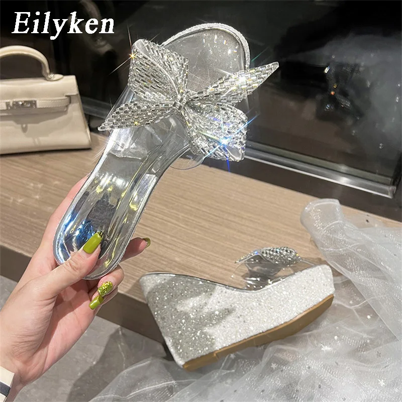 Eilyken Open Toe PVC Transparent Slippers Women Platform Wedges High Heels Sandals Summer Butterfly-Knot Party Shoes