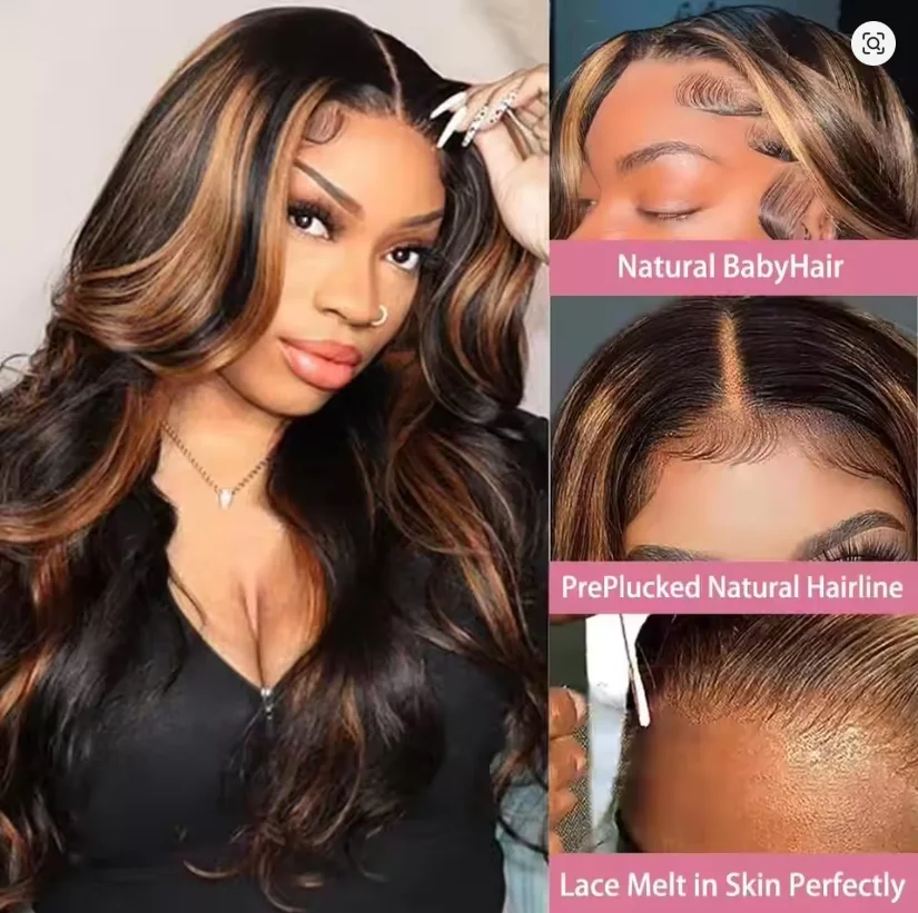 PB/30 Ombre Highlight 13x4 Brown Long Body Wavy Hair  Lace Front Glueless Wig Brunette HD Brown Curly Wave Wigs for Women image 3