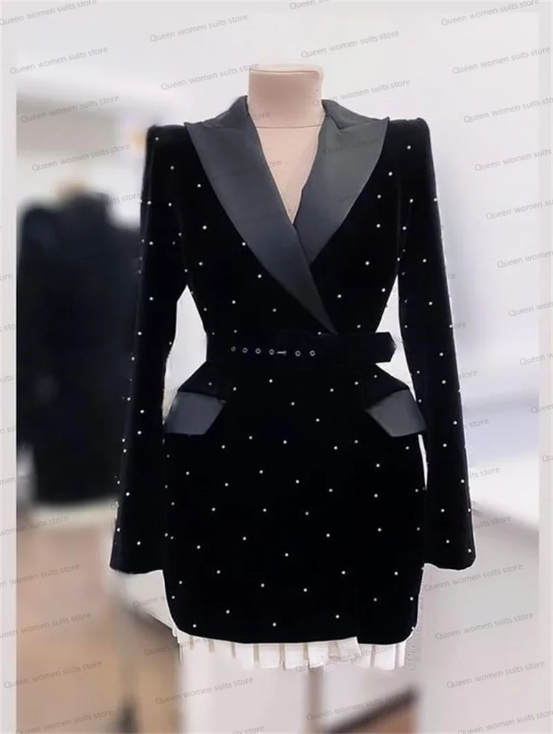 Trajes de esmoquin de boda de terciopelo negro con perlas para mujer, vestido 1 Uds., Blazer con cinturón, chaqueta personalizada con dobladillo blanco elegante para otoño, vestido de graduación