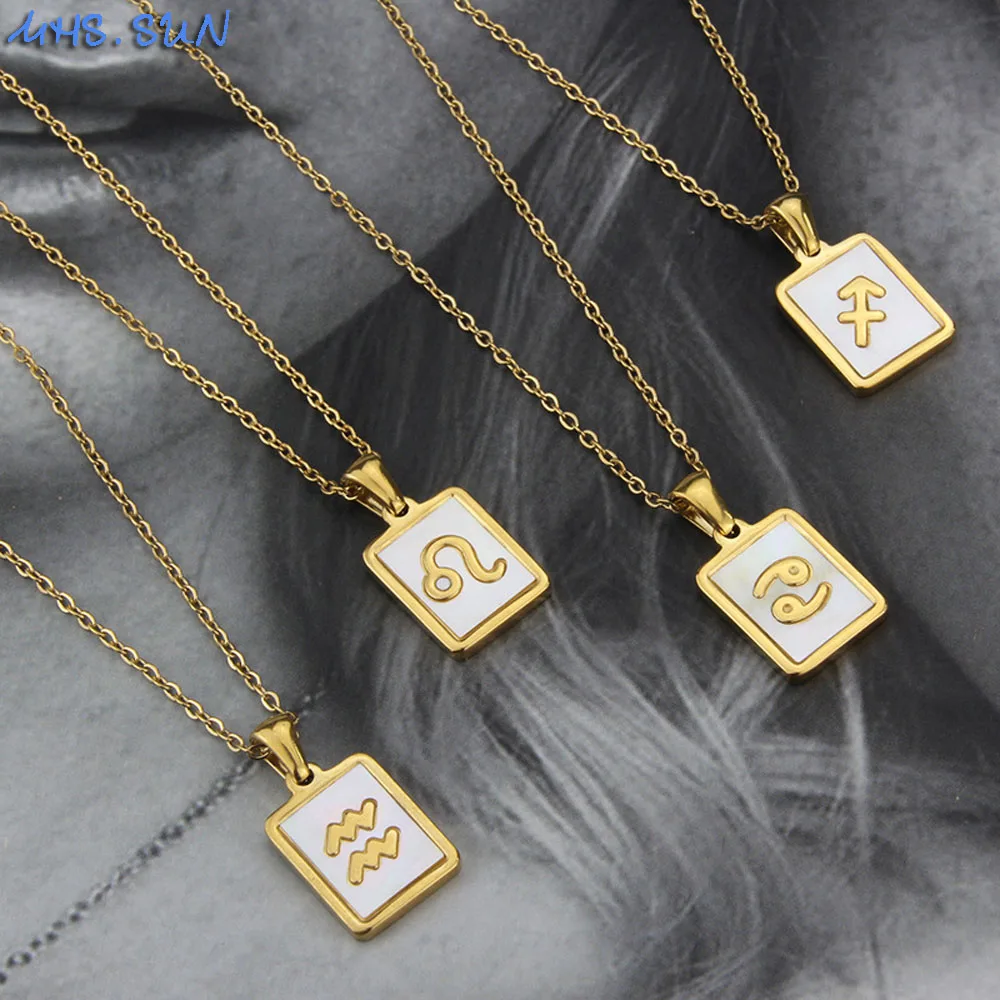 MHS.SUN 12PCS/Lot Fashion Women Stainless Steel Shell Pendant Necklace 12 Constellation Zodiac Sign Necklaces Gold Plated Choker