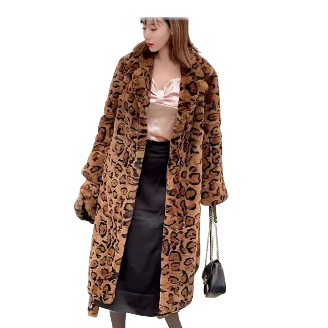 Casaco de pele sintética leopardo feminino, jaqueta fofa, casaco de pelúcia lapela, manga comprida, sobretudo peludo, streetwear de inverno, cinto, novo, 2022