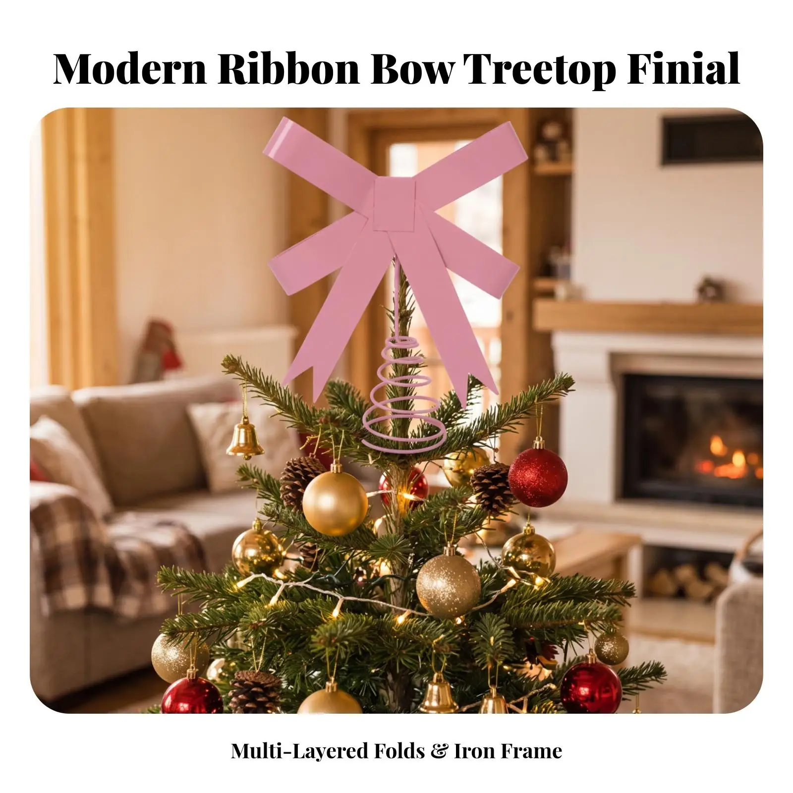 Iron Bow Tree Finial Pink Christmas Ornament Decorative Ribbon Bow for Holiday Tree Decorations Topper Piece