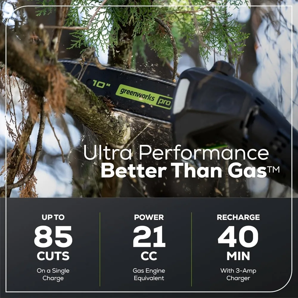 Аккумуляторная пила Greenworks 60 В с 10-дюймовым лезвием, расширяется до 14,5 футов, включает аккумулятор емкостью 2,0 Ач и зарядное устройство.