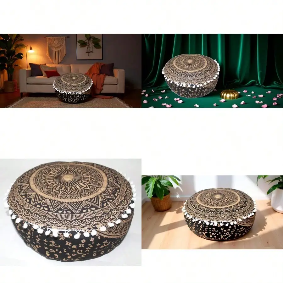 

ICC Black Gold Mandala Floor Pillow Cover (16" Round) - Zipped, For Meditation/Ottoman, Bohemian Hippie Decor