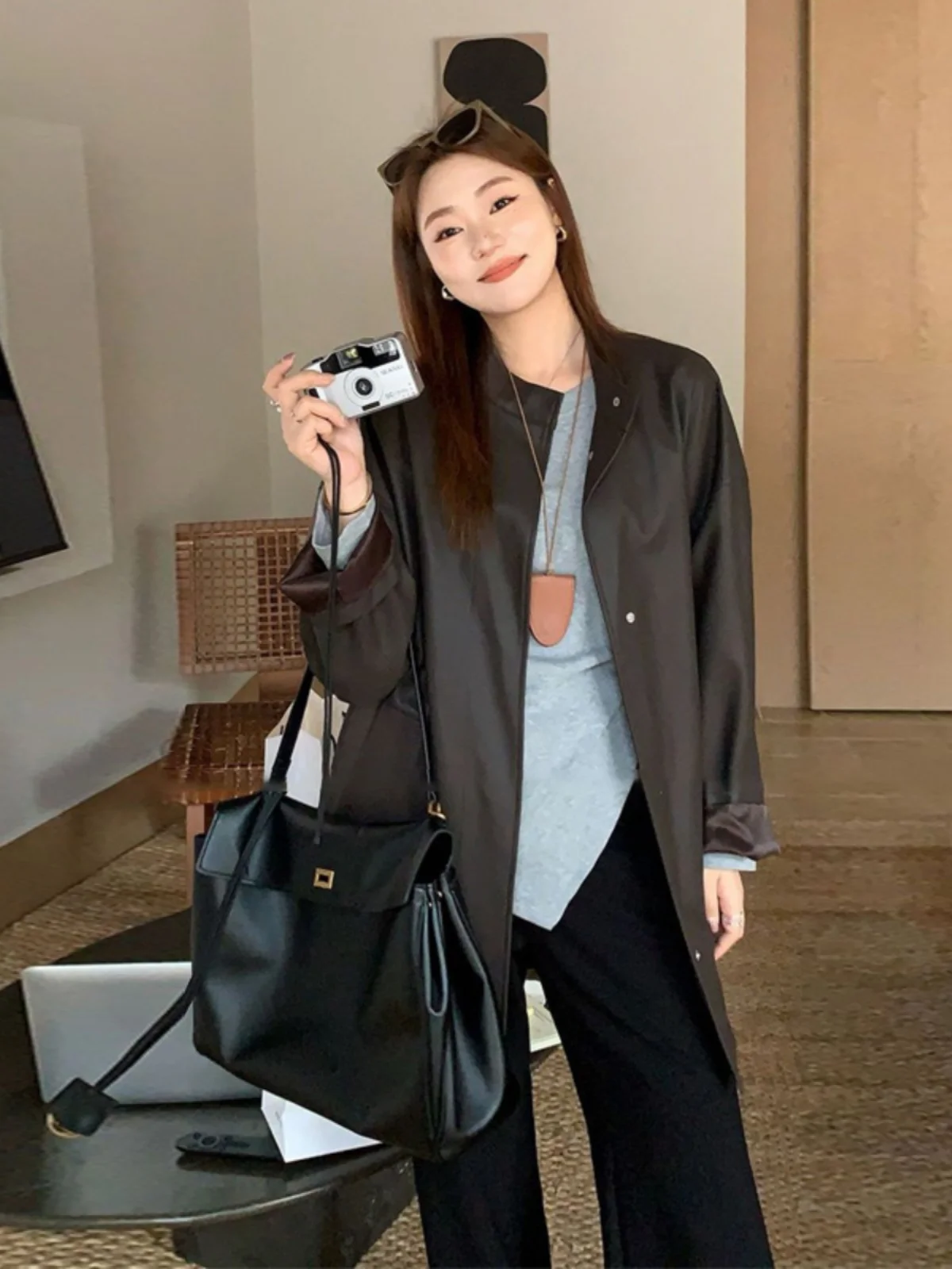 

Casual Versatile Korean Style Mid-Length Fashion Retro Leather Jacket Women's Spring New Design Sensation Outerwear Trendy