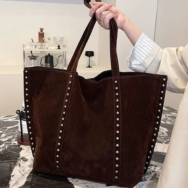 Trendy Large Capacity Suede ToteS BagS with Stud Accents Soft Texture Handbag for Everyday Commute Shoulder Purse Casual Carry