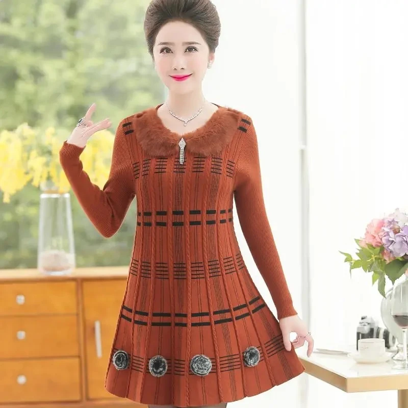 

Autumn Winter New Mother Knitted Dress Large Size Thicken Loose Pullover Female Sweater Dress Mid-Long Women Bottoming Vestidos