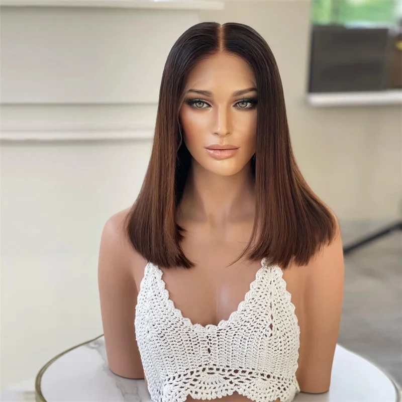 

Soft Ombre Brown 5x5 Silk Base 16“ Straight Glueless Jewish Human Hair Wig With Baby Hair HD Lace European Hair Preplucked