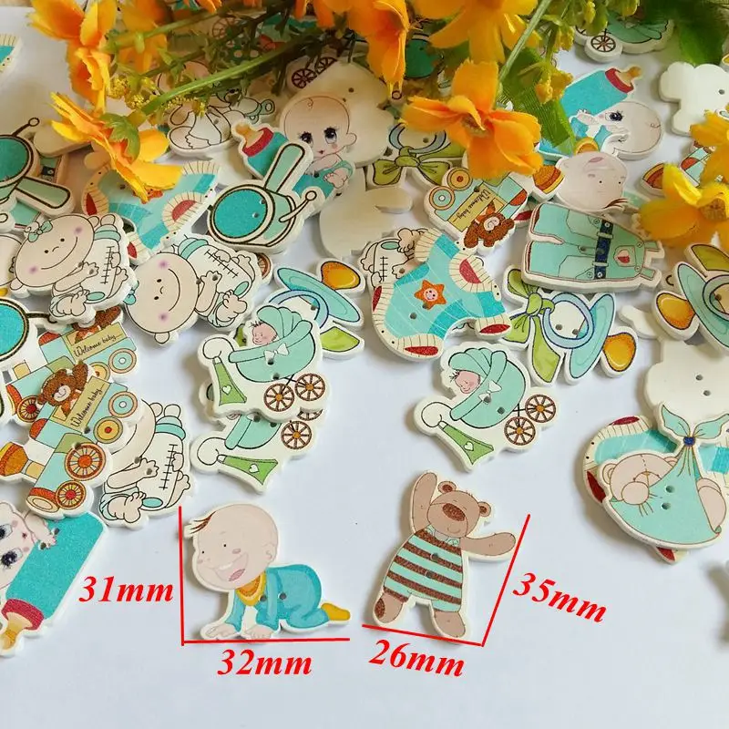 40pcs Decorative baby Buttons Lovely cartoon  Wood Buttons for Craft Sewing Scrapbooking Random mixed style 2 Holes buttons