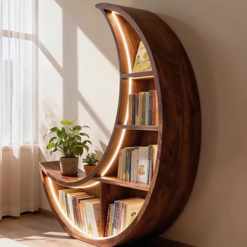 رف كتب جديد على الطراز الصيني في أمريكا الشمالية من خشب الجوز الأسود على شكل قمر، رف كتب بسيط جمالي على طراز الأغنية، متكامل #2