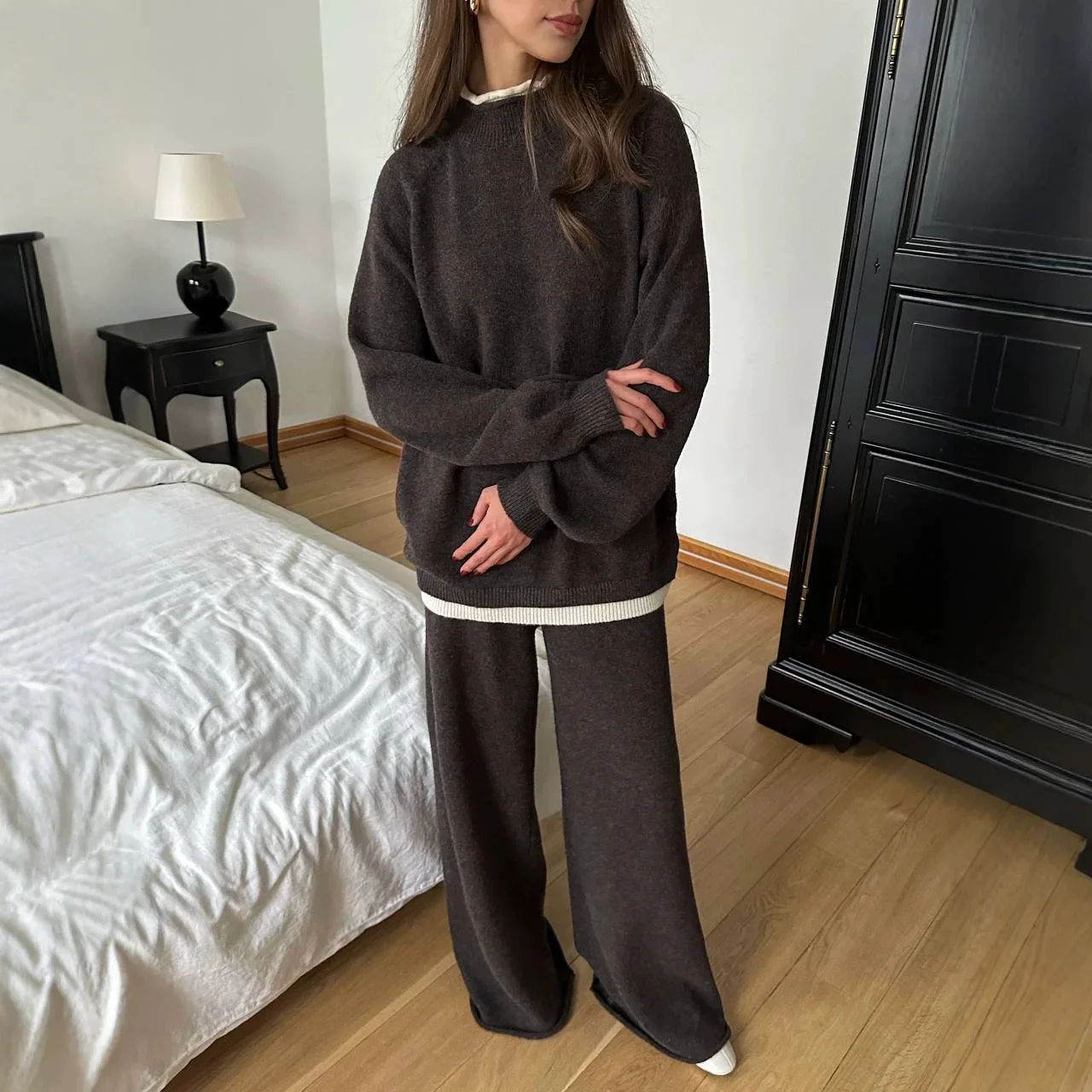 Women's Knitted Pant Suit Long Sleeve Autumn Winter Ladies Solid O Neck Loose Track Suit 2 Pcs with Trouster Sweater Set Female
