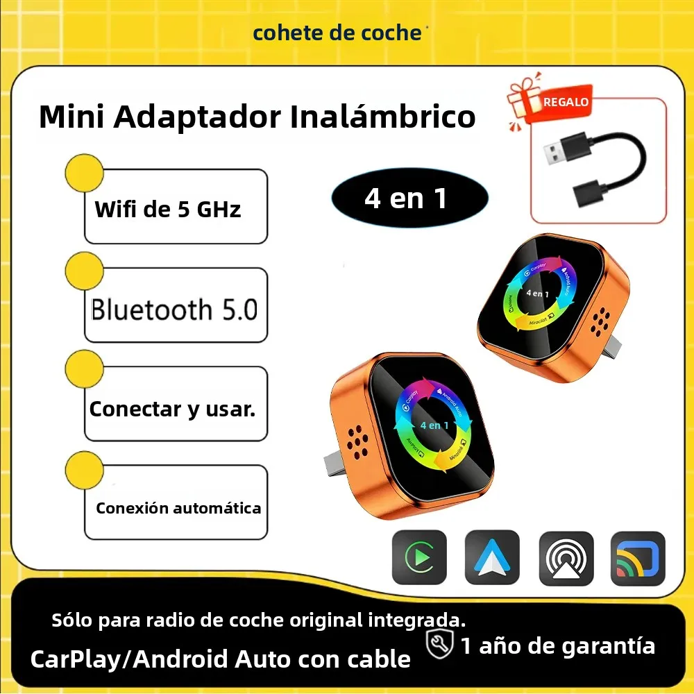Adaptador Bluetooth Estable 4 en 1 CarPlay Android Auto AirPlay Mirror Link de Cable a Inalámbrico para Volvo Benz MG Kia 2026