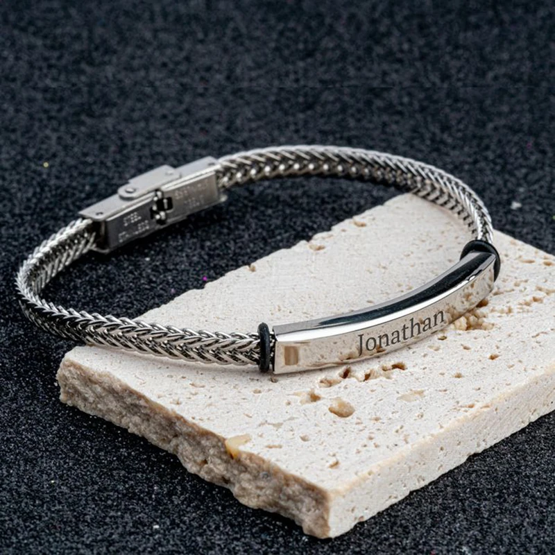 Custom Engraving Name Cable Cord Braided Bracelet Men Personalized Men Stainless Steel Bracelet Jewelry Gift Wholesale