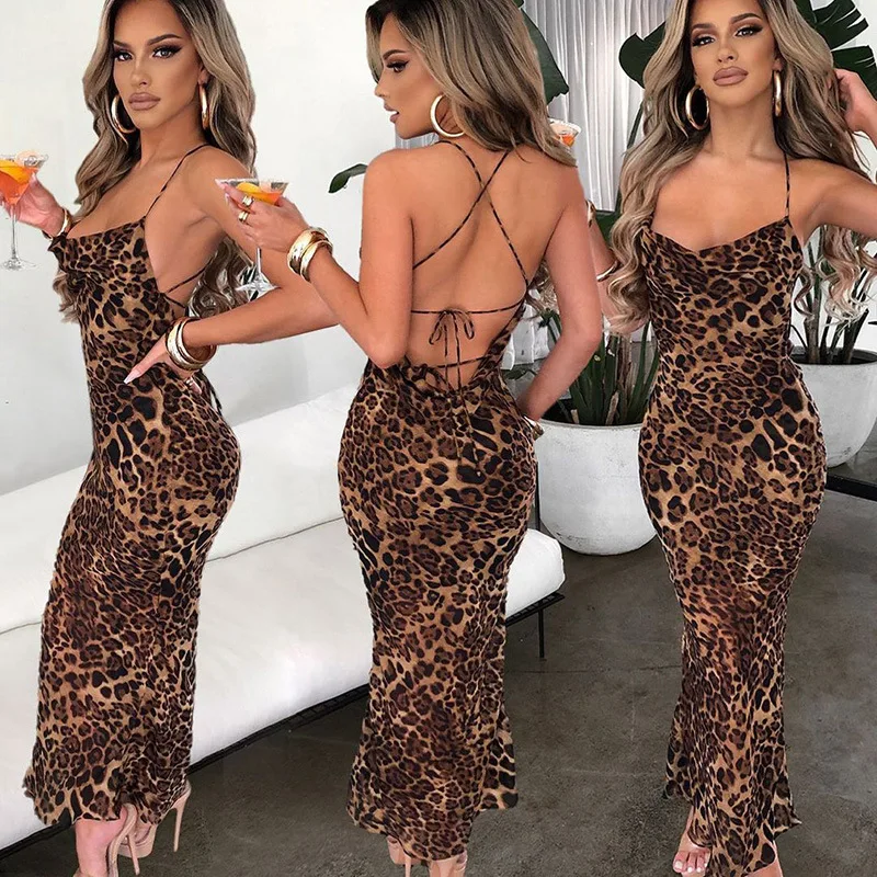 

Women'S New Spring/Summer Leopard Print Sexy Backless Lace Up Slim Fit Mid Length Skirt