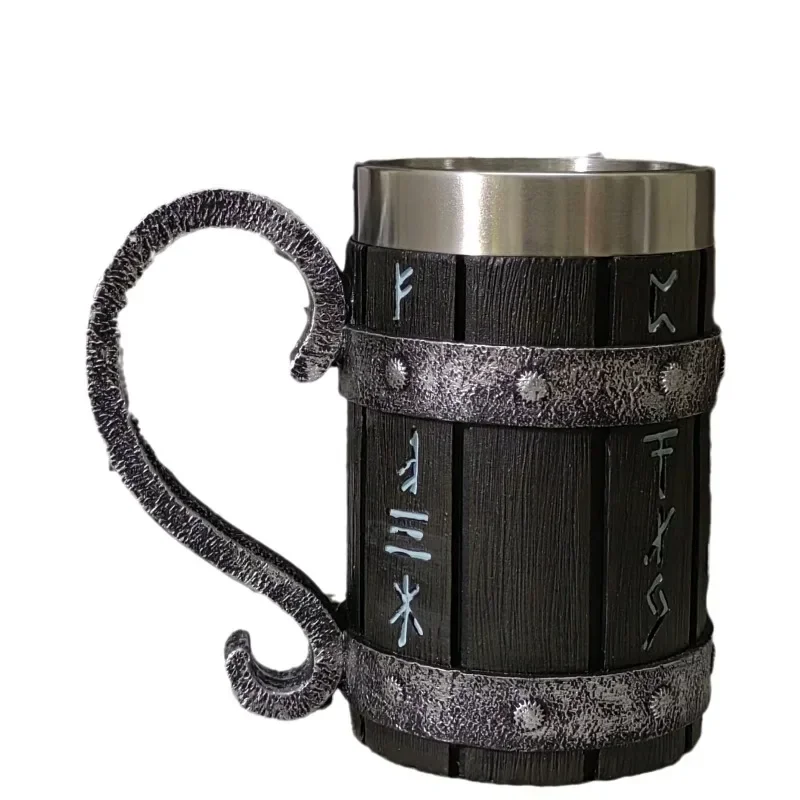 Nordic Viking Rune Mug Stainless Steel Wooden Resin Norse Decor Coffee Cool Gothic Beer Mugs