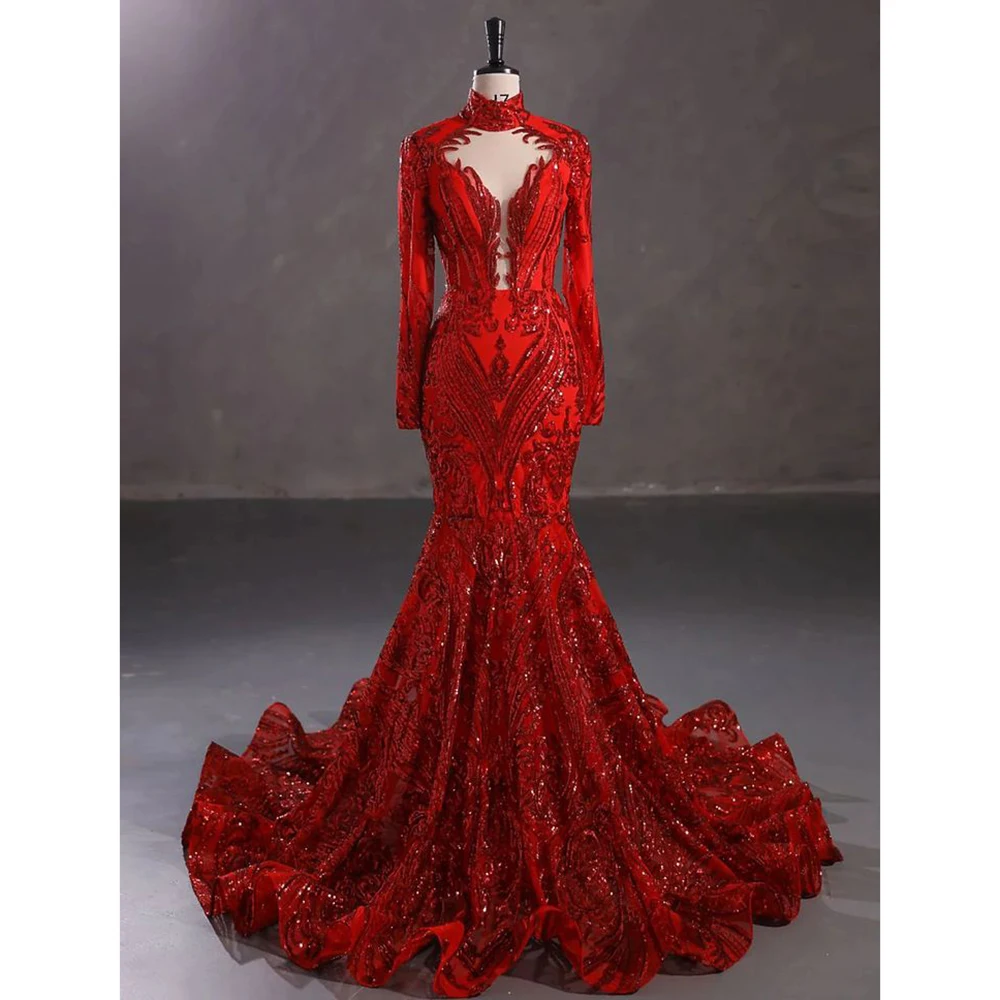 

Formal Evening Dress Red and Green Gown Pretty Women Long Sleeve Applique Sequiend Mermaid Chapel Train Formal Occasion Vestidos