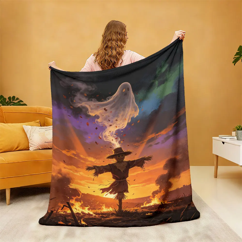 1Pc Scarecrow Ghost Flame Night View Flannel Blanket Multi Sizes Soft Warm Throw Blanket Ideal For Sofa Lounge Office Break N