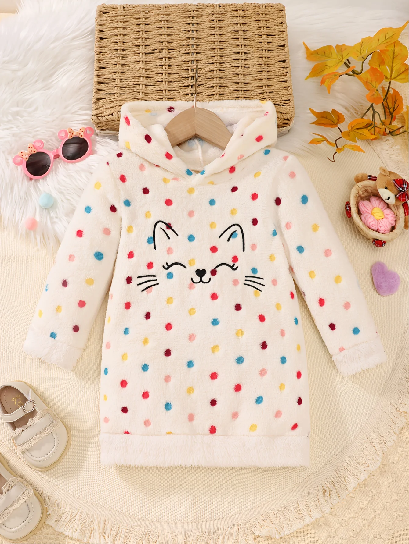 Robe chaude à capuche pour filles, longue robe d'extérieur en flanelle brodée à pois colorés, respectueuse de chat, automne et hiver