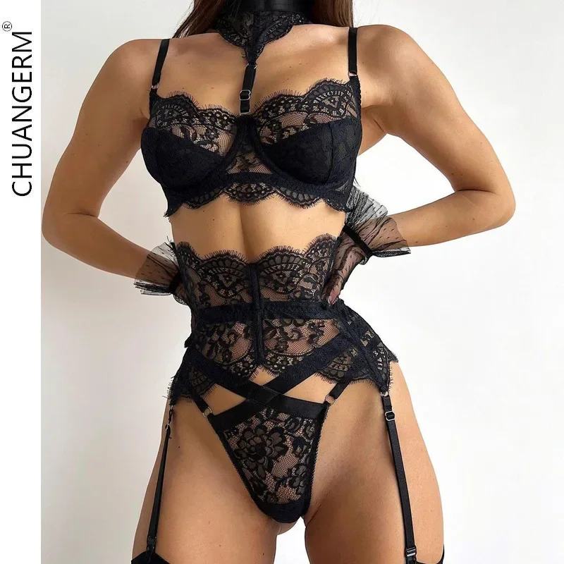

CHUANGERM Lace Lingerie See Through Exotic Set Halter Transparent Delicate Bra Push Up Breves Set Thin Sexy Erotic Bras Bodysuit