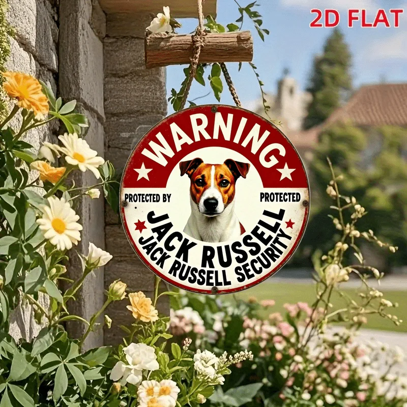Letrero de advertencia retro plano 2D de aluminio - Letrero de seguridad redondo de 20.32x20.32cm con diseño de Jack Russell Terrier, decoración de pared metálica resistente a la intemperie