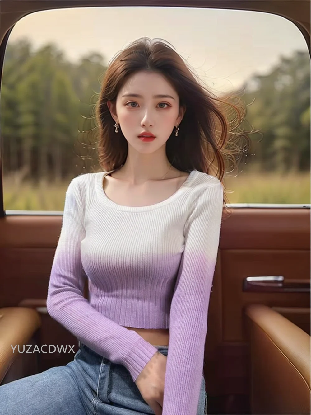 

Gradient O-neck Knitted Sweater High Strecth Female Knitwear Spring pullovers Women's Long Sleeve Cute Top Clothing y2k