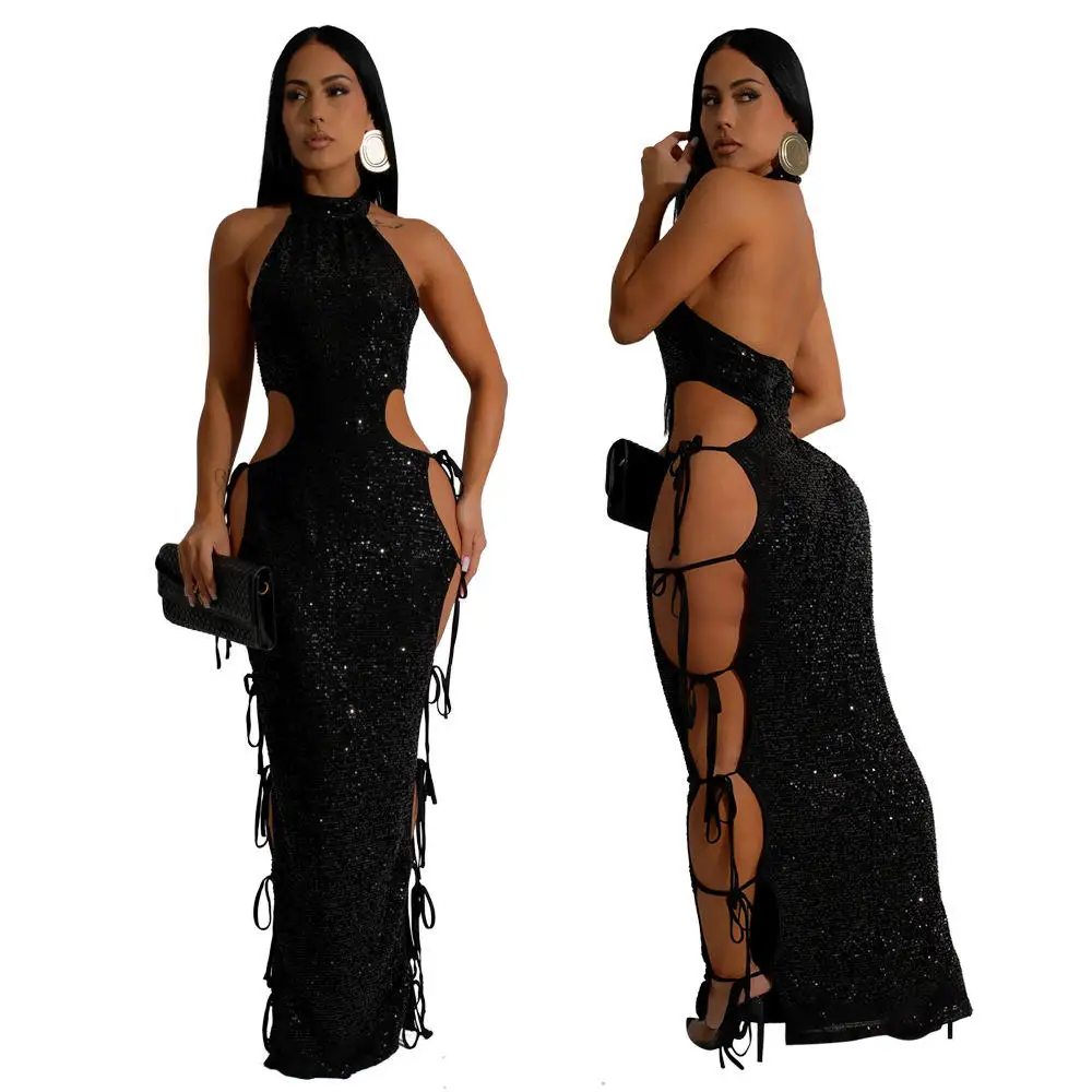 Ele Sexy Lange Dr Hollow out Bead Strap ves Hoge Kraag Lente Pendelen Sle Dames Dr Sli Wikkelrok