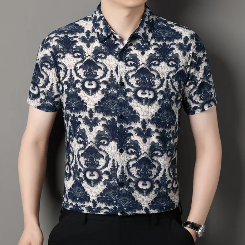 2024 New Summer Men\'s High-end Ice Silk Short Sleeved Floral Shirt Fashion Trend Casual Short Sleeved Shirt