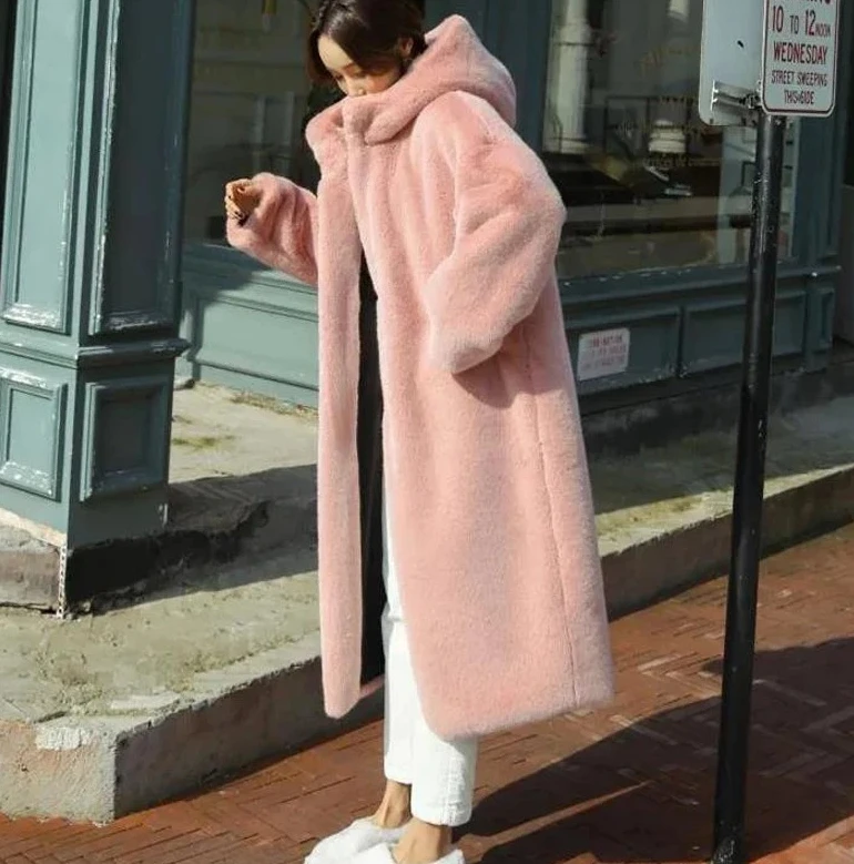 

Новое женское зимнее пальто из искусственного меха с капюшоном, длинные шубы, толстое теплое женское плюшевое пальто больших размеров, свободное пальто