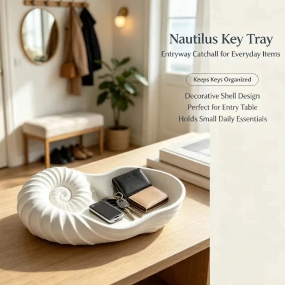 3D Printed Nautilus Shell Tray Conch-Shaped Spiral Design Jewelry Storage Tray Coastal Style Plastic Key Holder Bathroom