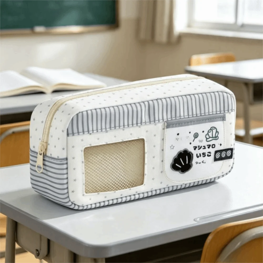 Sweet Large Capacity Pencil Case Clear Window Multi-Layer Pencil Pouch Transparent Window Color Block Pencil Bag Portable