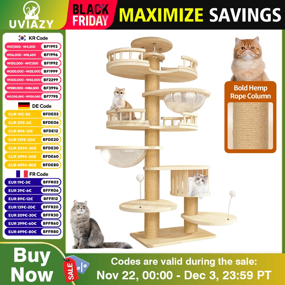 Multi-Level Ceiling Cat Tree Shelf  Wood Climbing Frame Scratching Post Sisal Pillar Grinding Paws Jumping Platform Perch Tower