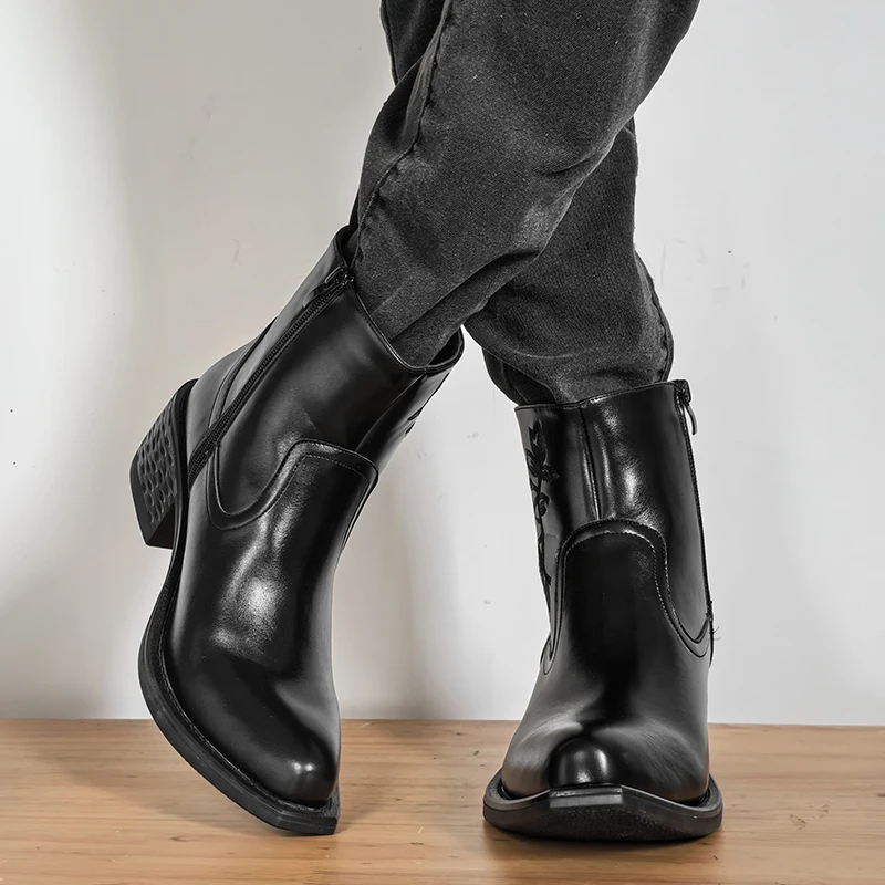 Classic Black Men's Pointed Comfortable Embroidered Western Style Chelsea Boots Winter Brand New Men's Casual High Top Boots