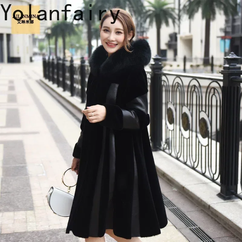 Real Fur Coat Female Winter Natural Fox Fur Hooded Jacket Women 2024 Korean Long Sheep Shearing Jackets 100% Wool Tops LW2176