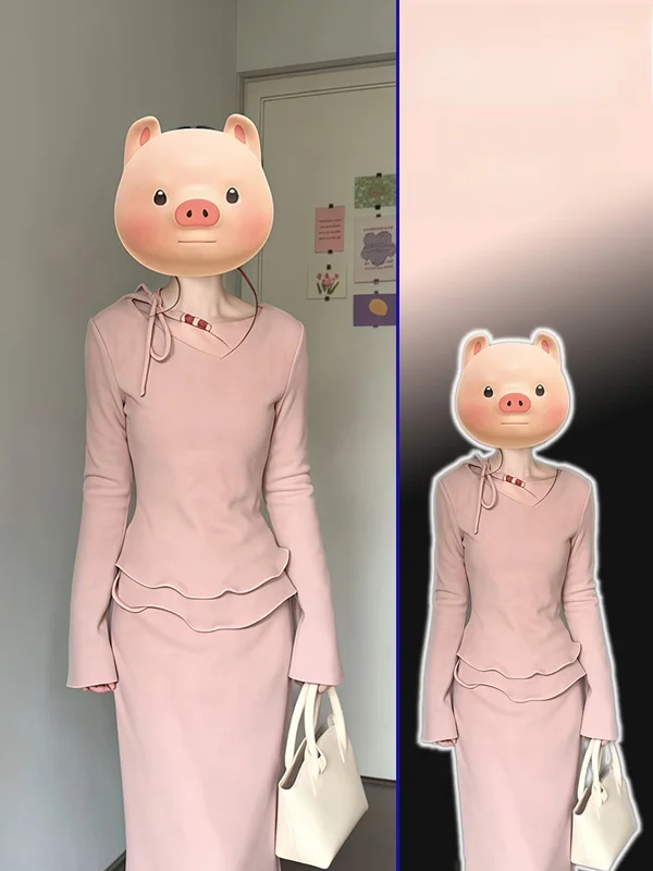 

Модный комплект из двух предметов: топ с длинными рукавами и юбка с высокой талией для женщин, осенне-зимняя повседневная одежда больших размеров.