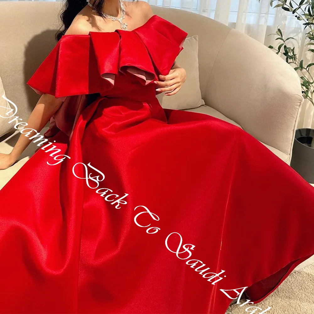 Temperament Ruffles Tiered Boat Neck  A-Line Evening Dress Custom Size Satin Off the Shoulder Backless  Irregular  فساتين سهرة