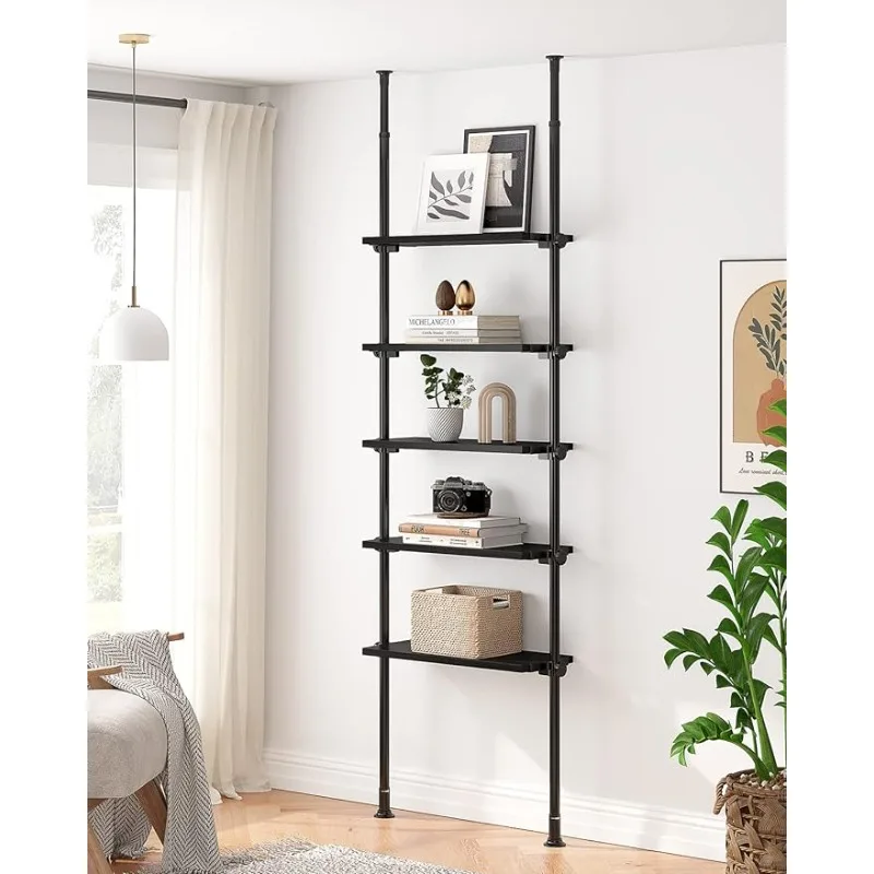 ALLZONE 5 Tiers Narrow Bookshelf, Tall Adjustable Ladder Book Shelf with Open Storage, Floor to Ceiling Tension Mount