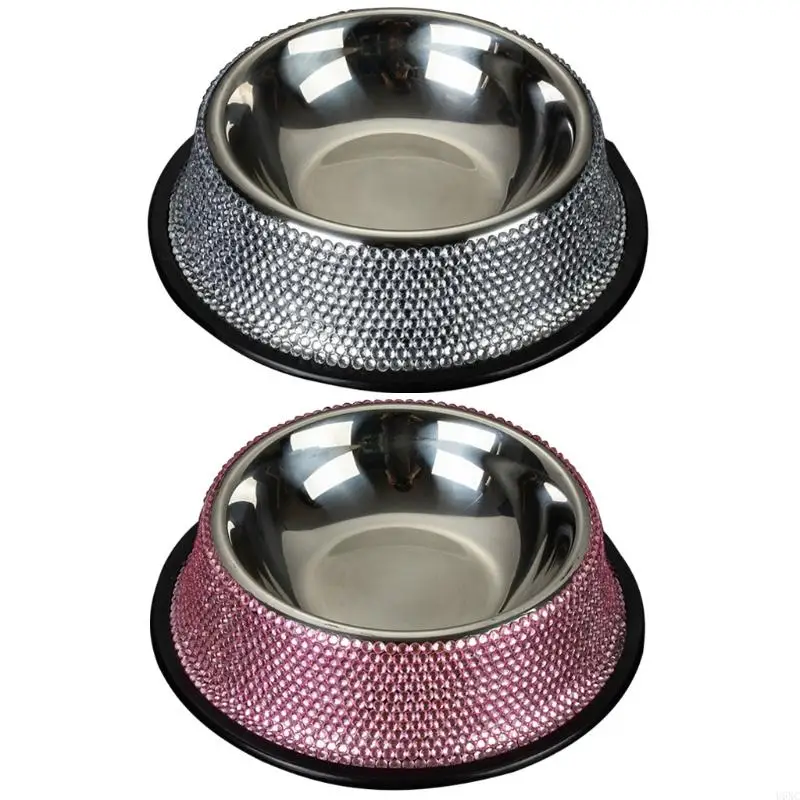 U6XC Dog Bowls with Rhinestones Stainless Steel Dog and Water Bowls Non-Skid Rubber Base Sparkling Feeding Supplies