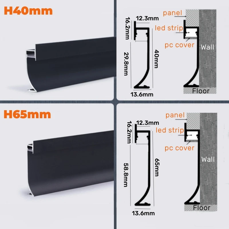 H40/65mm Embedded Hidden LED Skirting Line Aluminum Profile Backlight Wall Border Baseboard Floor Corner Bar Strip Light Fixture