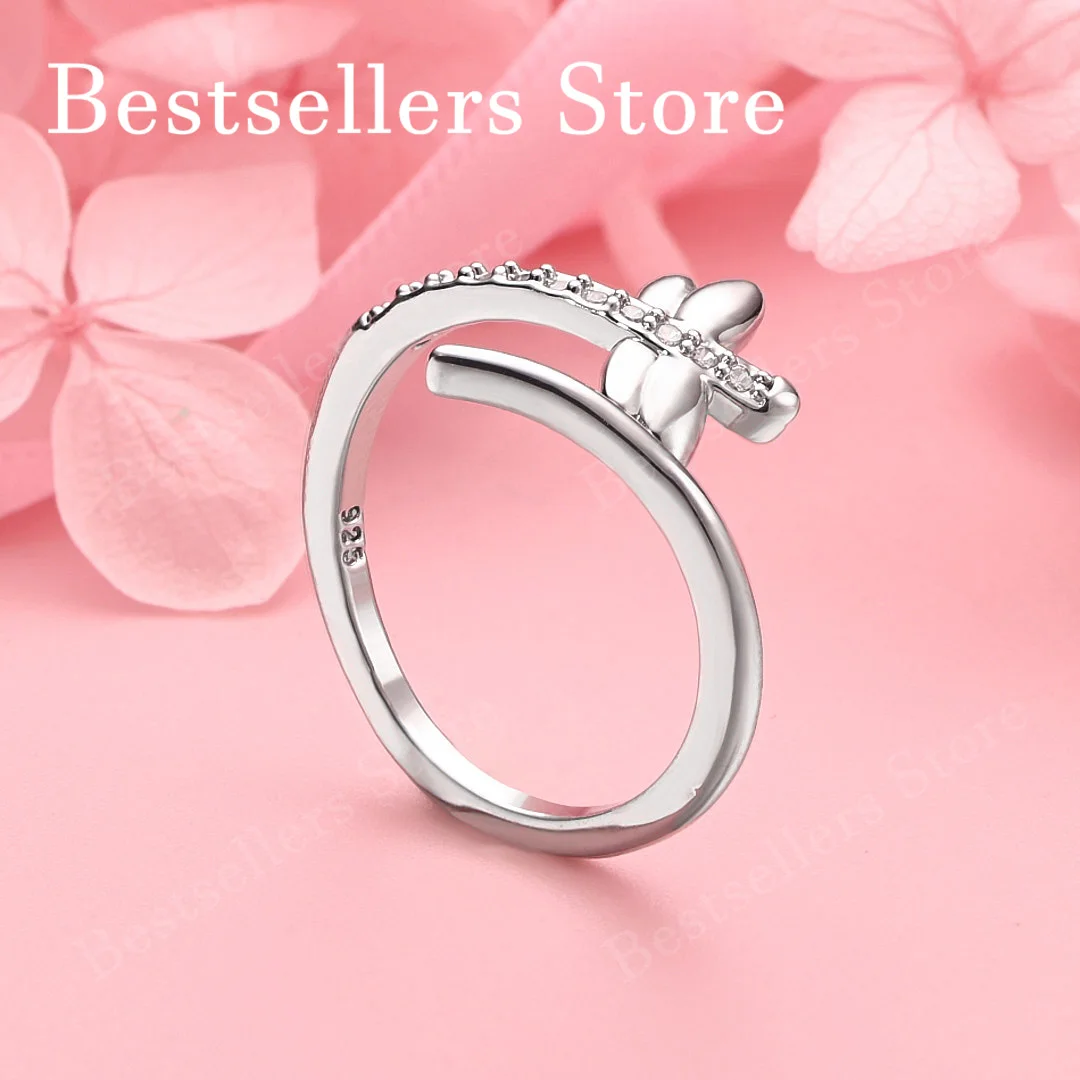 1 piece of 925 sterling silver exquisite dragonfly zircon open ring for women's gift, wedding jewelry accessories