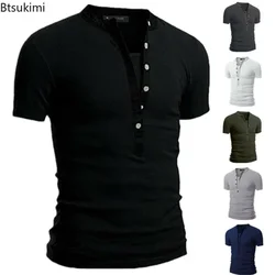 2026 Men's Summer Casual Shirts Solid V-neck Button Slim Fit T-Shirts for Men Fashion Short Sleeve Tees Tops Men Clothing S-3XL