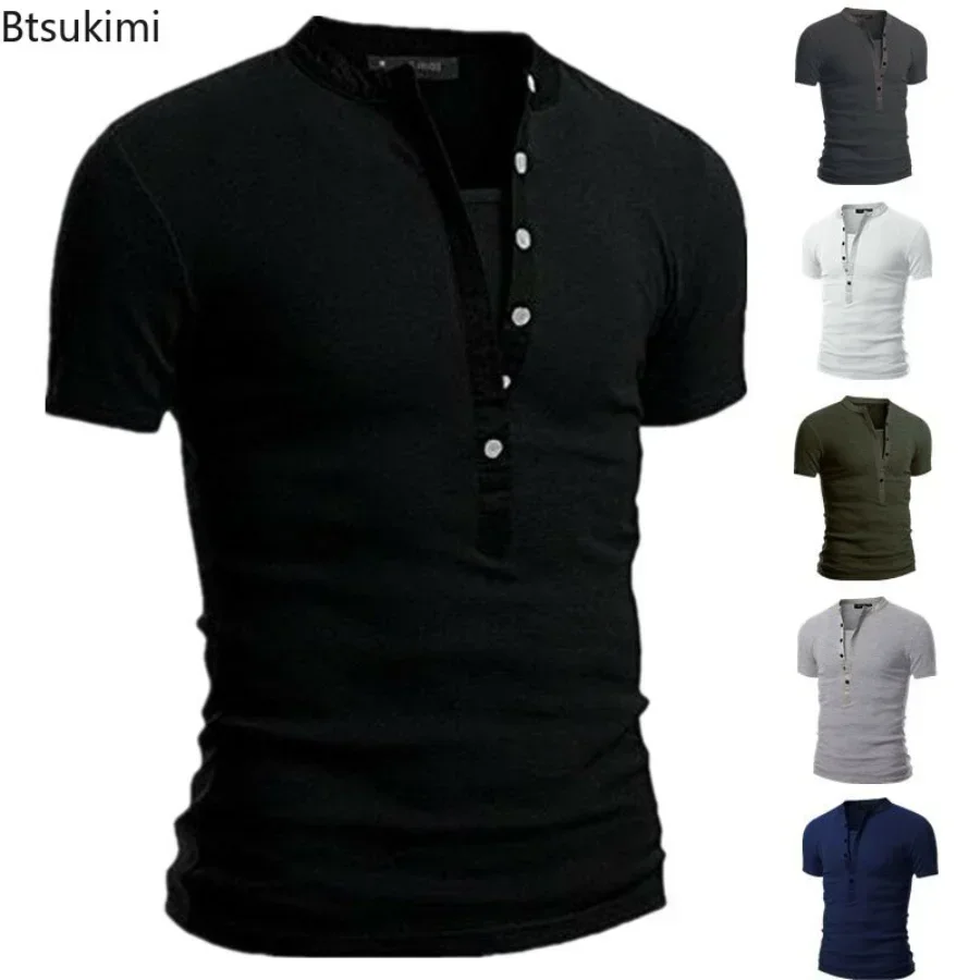 2025 Men's Summer Casual Shirts Solid V-neck Button Slim Fit T-Shirts for Men Fashion Short Sleeve Tees Tops Men Clothing S-3XL