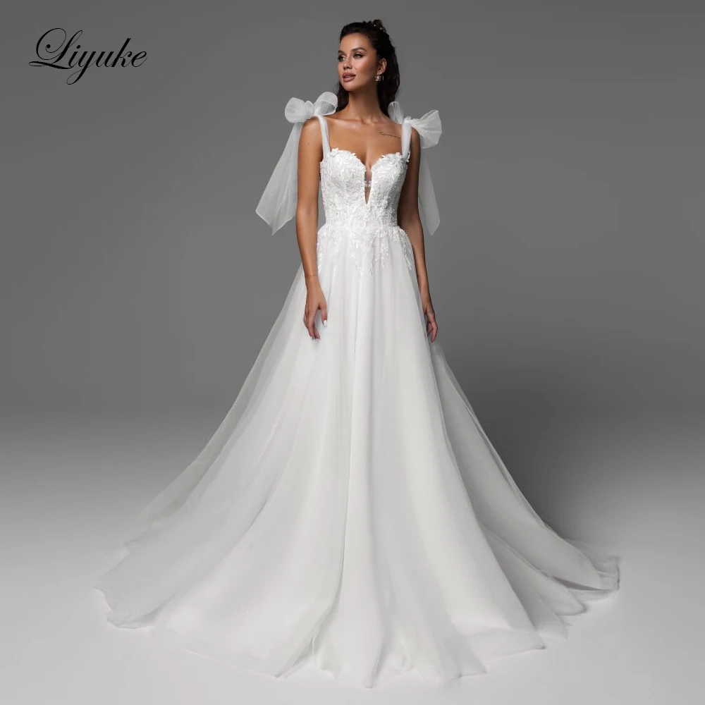 Liyuke-vestidos de novia elegantes de tul sedoso, apliques de corazón, corte en A, hasta el suelo, hechos a medida