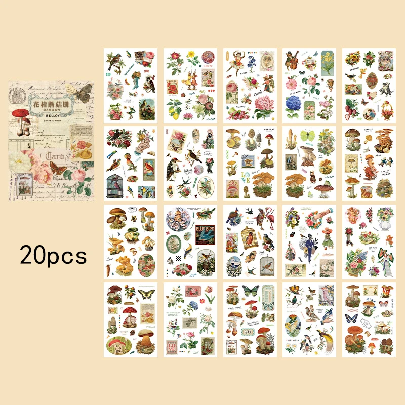 20 Sheets Plants Flowers Mushrooms Sticker Book, Fresh Natural Floral Patterns, Journal Diary Collage Decor Material