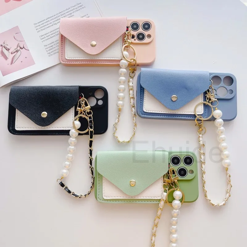 

Pearl Bracelet Case for iPhone 14 12 13 11 Pro Max 7 8 Plus X XR XS Max PU Leather Wallet Card Slot Luxury Soft Silicone Cover