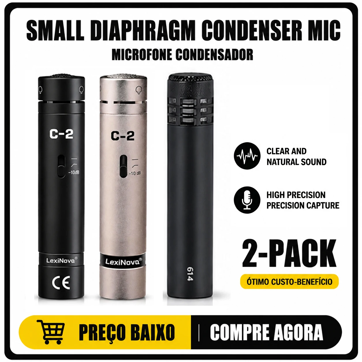 2-C / 614 Condenser Microphone Profissional Studio Instrument Mic 2 Pack for Drum Vocal Podcast Recording Microfone Condensador
