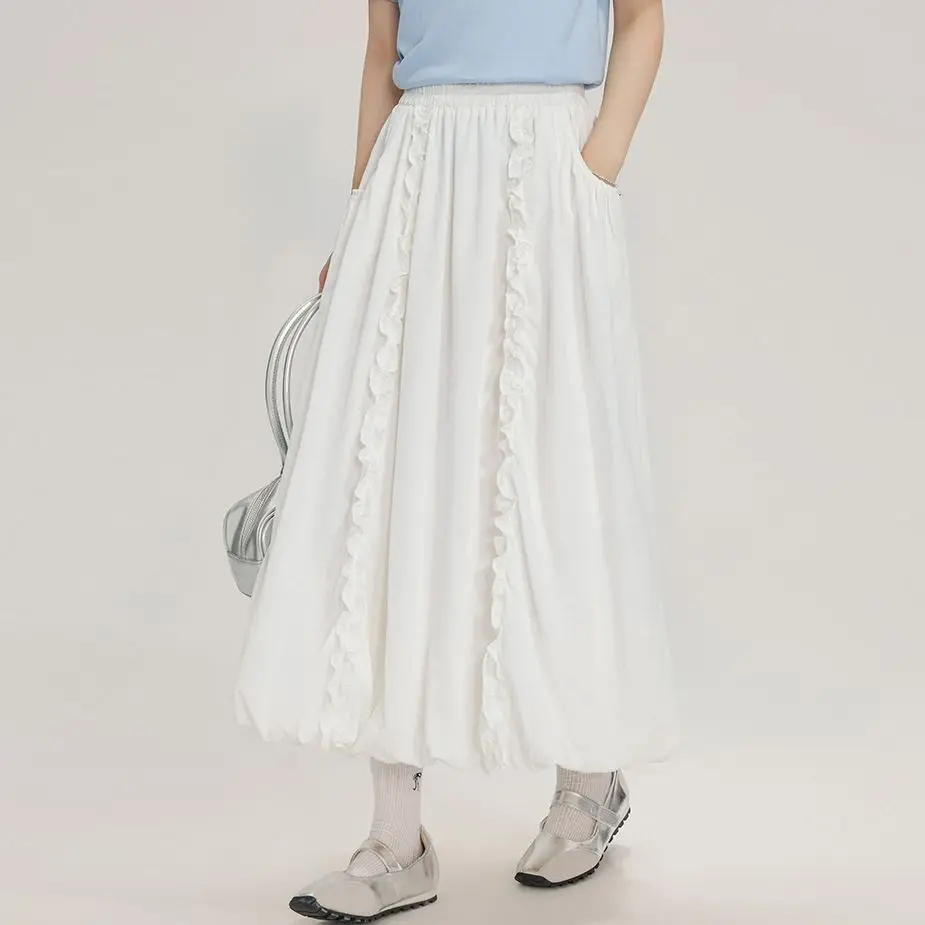 Japanese Sweet College Style Flower Bud Skirt with Black Ears and Flowers with High Waist Slim and Gentle A-line Midi Skirt